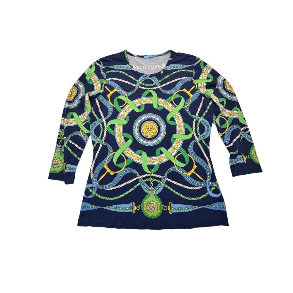 J.McLaughlin Catalina Cloth Nautical Rope Equestrian Print Top Blue Medium